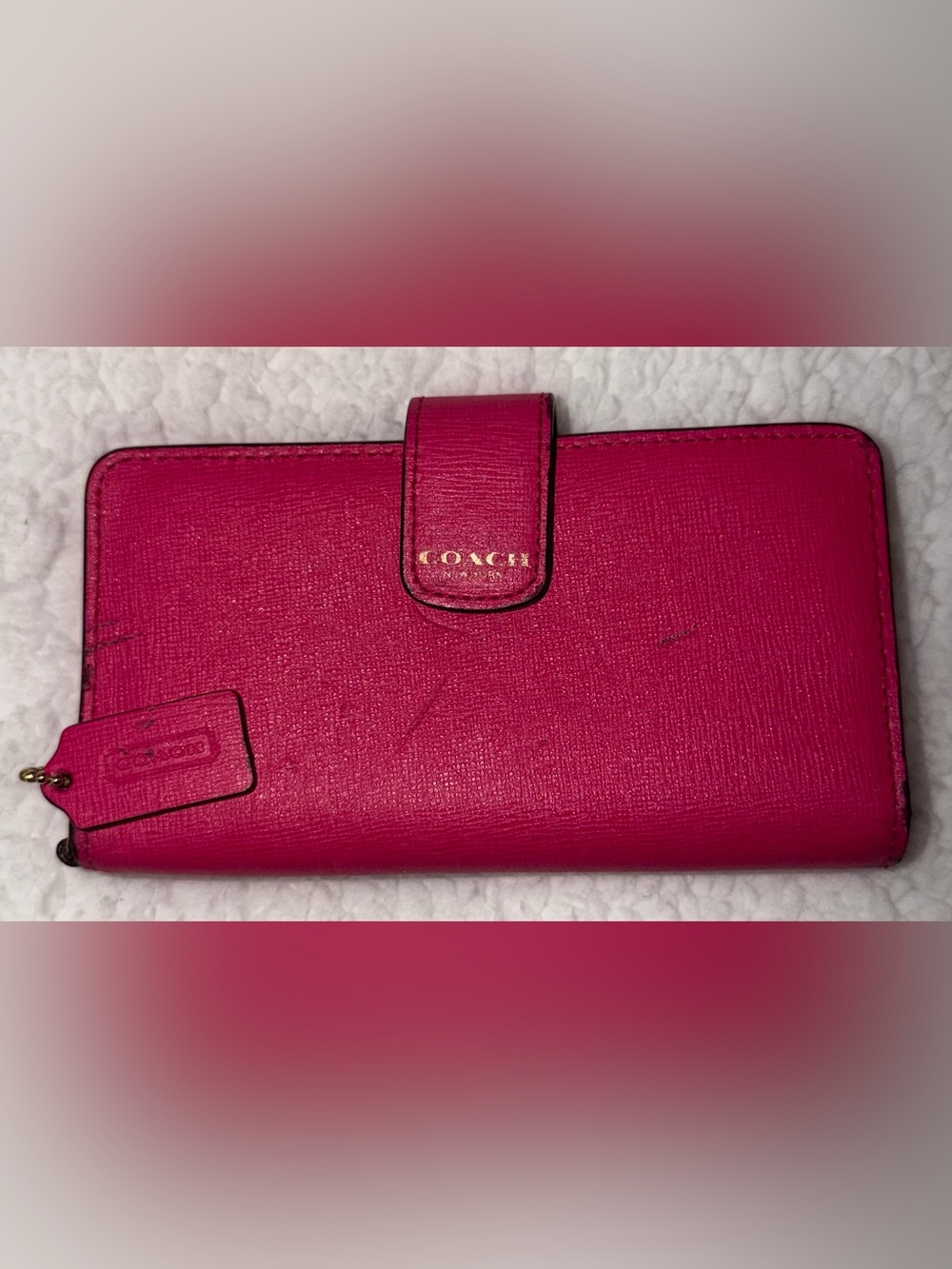 COACH Hot Pink Saffiano Leather Snap Wallet